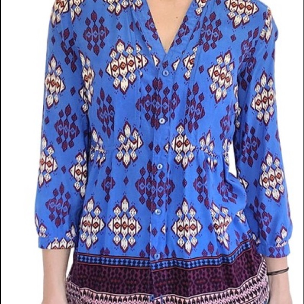 Maeve Anthropologie Woodland Walk Aztec print Top Shirt Button down Blouse